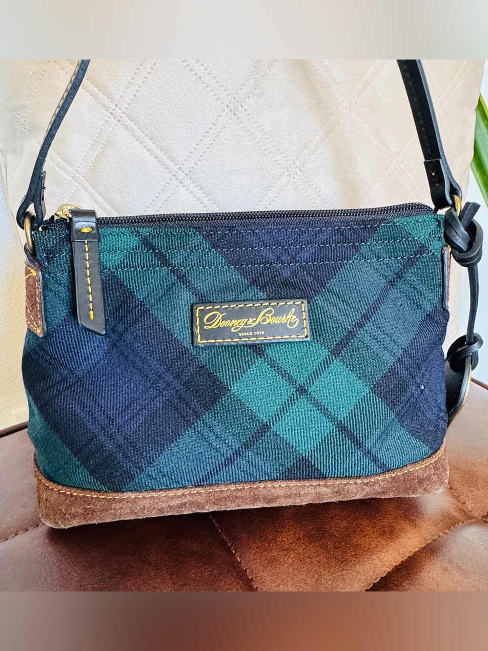 Dooney & Bourke Blackwatch Plaid Shoulder Bag Green Navy Canvas Suede Wristlet